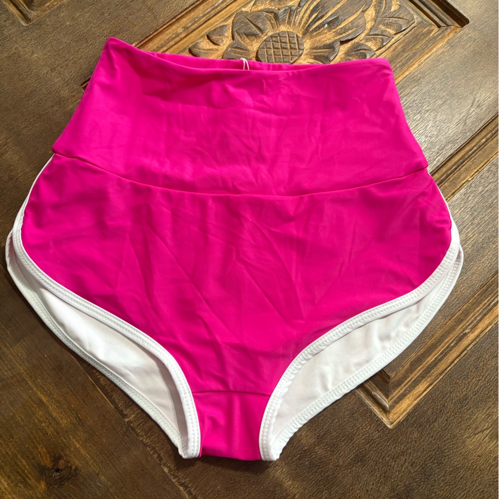 Salt Gypsy High Waist Pink Swim Bottoms with White Trim